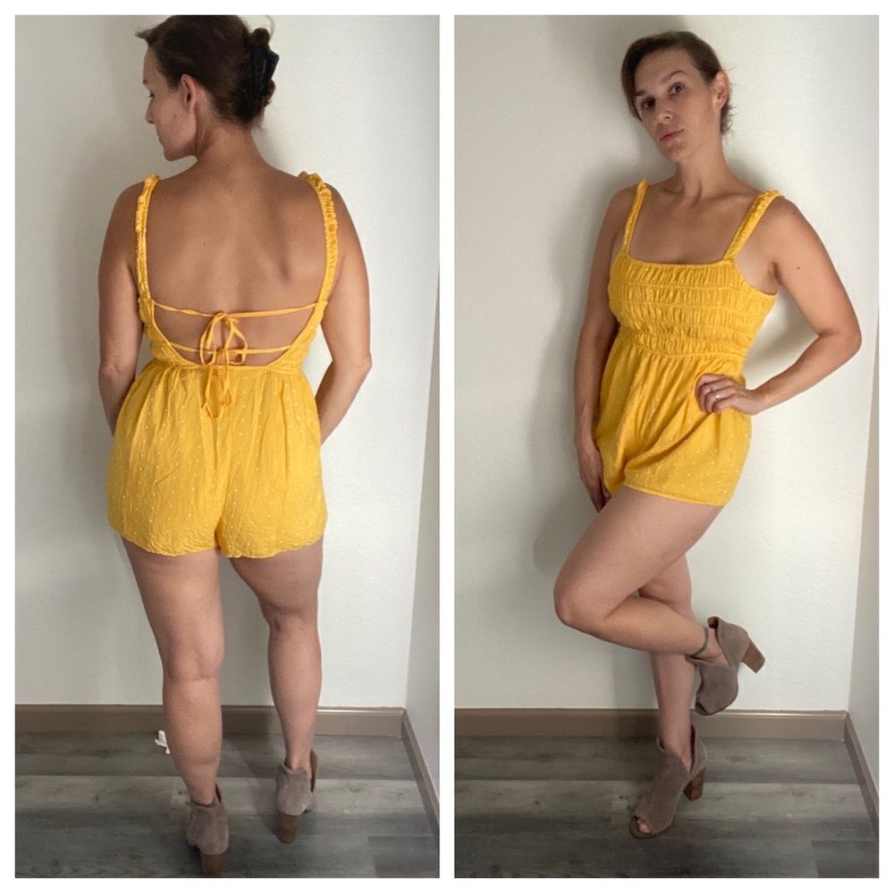 Urban Outfitters Romper Yellow White Embroidered Polkadot Medium Tie Back